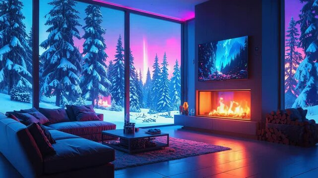 Warm fireplace illuminating cozy living room overlooking snowy forest at night with aurora borealis.