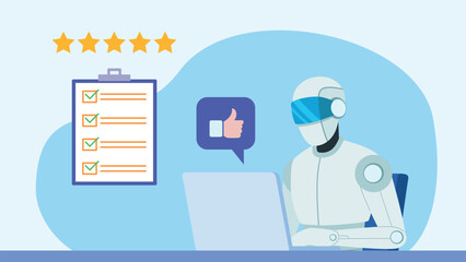 Ai bot working on a computer at a desk and analyzing data. Next to it is a hand with a thumbs up, and this to the list. Checklist with all the fields filled in positively. Correctly performed test.