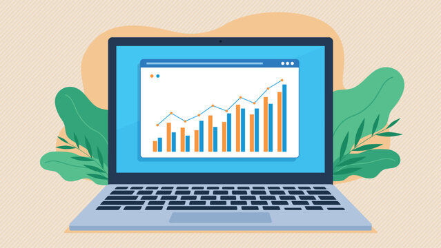 Stock market results bar chart on internet tile screen. Website with stock market chart on laptop screen. Flat design vector. Marketing results graph.