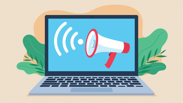 Vector laptop with megaphone. Megaphone with white and red color on laptop screen with signal icon. Flat design style illustration. Communication, warning, online connection.