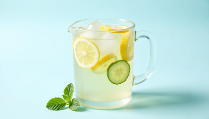 Refreshing fruit-infused water in a glass pitcher with lemon and cucumber  