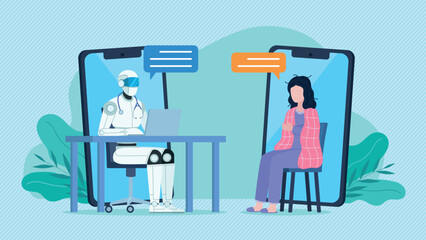 Medical teleconsultation. AI doctor bot working on laptop and talking to patient. Sick woman connects to teleconsultation with ai application. Medical help of the future. Flat design vector.