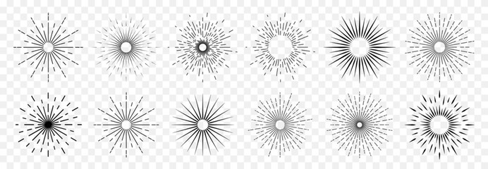 A set of icons with sun rays on a white background. A sunbeam with lines. Retro logo in the form of a circle with radial rays. The sun is shaped like a star. Vector EPS 10.