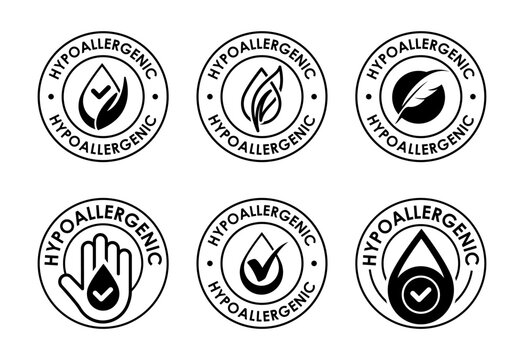Hypoallergenic tested icons set design. Cosmetic certification label, Hypoallergenic icon sign black on white background