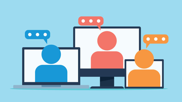 Laptop, tablet monitor with colorful avatars on screen. Communication clouds are next to the characters. Flat design vector. Online connection illustration. Technology and connection at work.