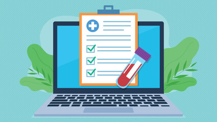 Blood test result graphic. Checklist on laptop screen with blood sample above it. Blood test, good result. Medical test result. Vector graphic in flat design style.