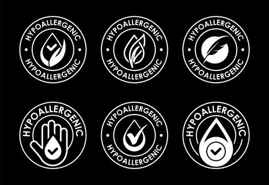 Hypoallergenic tested icons set design. Cosmetic certification label, Hypoallergenic icon sign white on black background