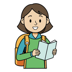 A woman holds a map and wears a backpack, ready for adventure and exploration on a clean white background.