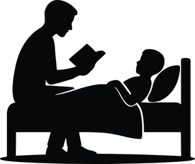 Silhouette father reading book to son in bed Vector illustration