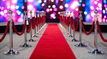 Red carpet event. Red velvet carpet leading to stage with bokeh lights.  Luxurious gala, movie premiere or vip awards event