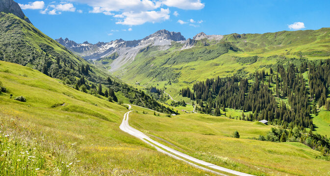pictorial Gafiertal valley with hiking trail, prattigau alps, spring landscape switzerland