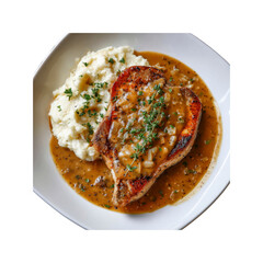 Juicy Pork Chop with Creamy Mashed Potatoes and Savory Mushroom Gravy