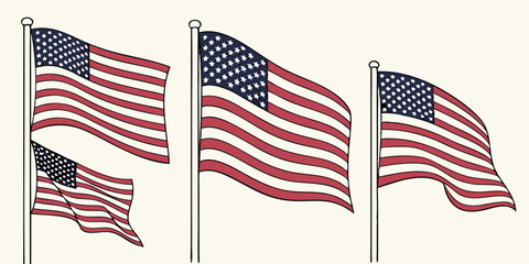 Obraz premium Isometric vector collection of American flags with multiple waving variations.