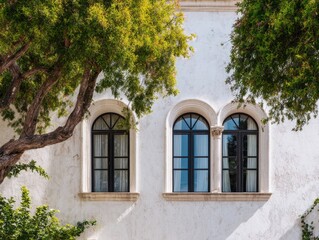 Two windows on a building with a tree in front of them. The windows are arched and have black frames