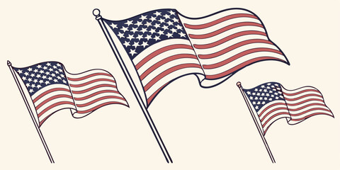 Fototapeta premium Vector set of United States flags including different styles of waving American flags.