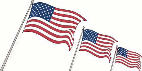 Fototapeta premium USA flag collection showing various waving American flags illustrated as high-quality vectors.