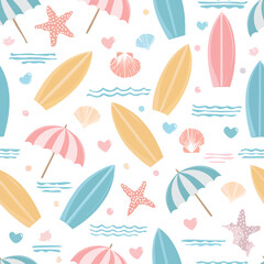 Beach Vibes Seamless Summer Pattern with Surfboards and Beach Elements