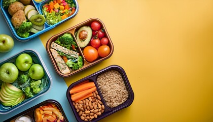 colorful flat lay of healthy food delivery in lunchboxes on a vibrant table nutritious meal prep ideas