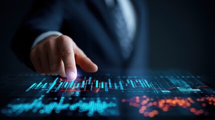Businessman Touching Digital Financial Data on Interactive Screen in Modern Office