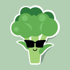 WebFlat cartoon broccoli sticker with sunglasses and happy expression, bright green colors, isolated on white background