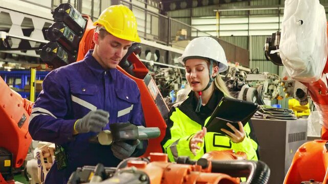 Male and female engineers consult holding analog and tablet devices electrical circuit control inspecting TIG welding and laser welding robots in rows inside industrial workstation building.