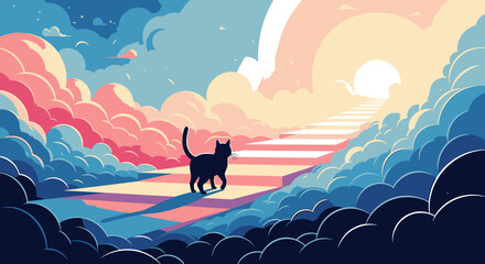 Black cat walking on stairs to heaven.  Peaceful feline silhouette ascends colorful stairway among clouds. Metaphorical concept of pet passing