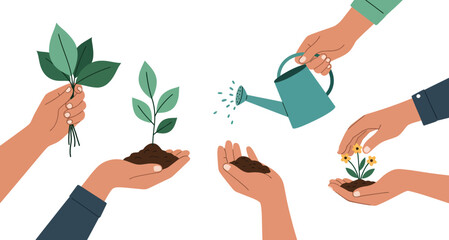 Hands nurturing young plants, seedlings, and flowers; showcasing planting, watering, and caring for growth.