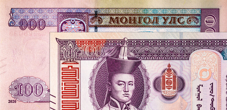 Banknote of 100 tugriks of Mongolia, fragment for design. Paper money of Mongolia.