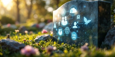 Smart grave with a glowing digital headstone displaying life data icons in a serene cemetery garden, blending technology, memory, and tribute in futuristic digital memorial innovation.