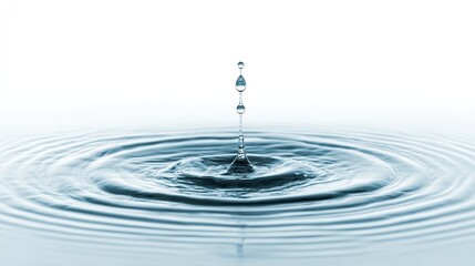 Close-Up of Water Droplet Falling into Calm Blue Waters, Creating Ripples and Circular Patterns on a White Background.
