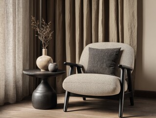 A chair with a pillow on it sits in front of a table. A vase with flowers sits on the table