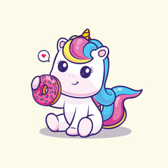 Adorable Unicorn Enjoying a Delicious Donut Cute Fantasy Creature Illustration