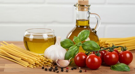 Italian Pasta Ingredients: Olive Oil, Tomatoes, Basil, Garlic, and Spaghetti on Wooden Surface