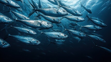 School of tuna fish in deep blue ocean