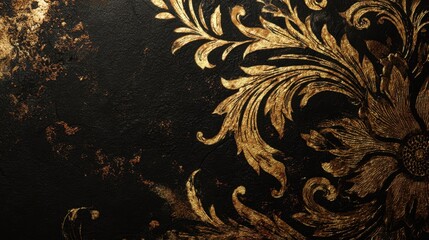Golden floral damask pattern decorating a black grunge textured background