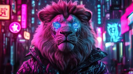 Fototapeta premium Cyber lion in a neon city