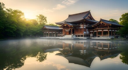 Obraz premium A tranquil morning concept at a historic Asian temple, reflecting in the calm, misty water at sunrise. A scenic travel destination.