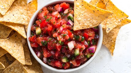 A vibrant overhead aerial shot showcases a delicious homemade salsa in a white bowl accompanied by crispy tortilla chips perfect for a flavorful snack or party appetizer.