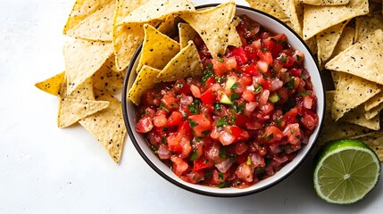 An overhead aerial shot showcases a vibrant bowl of fresh homemade salsa surrounded by crispy tortilla chips and a lime wedge, perfect for a delicious Mexican-inspired meal.