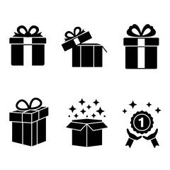 Gift box icons in minimal black and white, with ribbons and sparkle effects.


