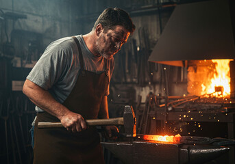 A blacksmith meticulously shapes hot metal with a hammer in a dark, smoky workshop.