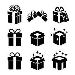 Gift box icons in minimal black and white, with ribbons and sparkle effects.

