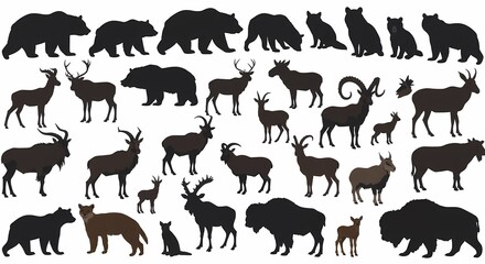 Collection of diverse wild animal silhouettes including bears deer goats and bison