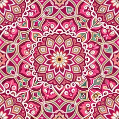 Elegant floral mandala with complex geometric motifs in pink and gold ideal for bohemian style designs and decorative art projects.