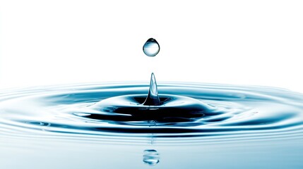 Close-Up of Water Droplet Falling into Calm Blue Waters, Creating Ripples and Circular Patterns on a White Background.