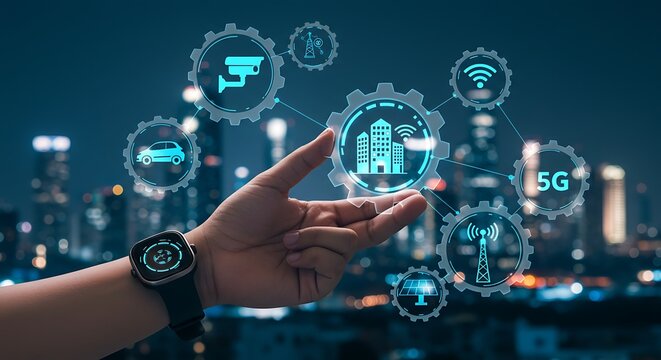 A hand interacts with a holographic interface displaying interconnected technology icons over a cityscape at night. - Powered by Adobe