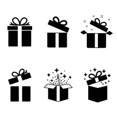 Gift box icons in minimal black and white, with ribbons and sparkle effects.

