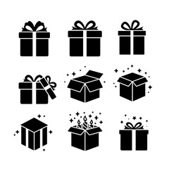 Gift box icons in minimal black and white, with ribbons and sparkle effects.

