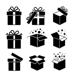 Gift box icons in minimal black and white, with ribbons and sparkle effects.

