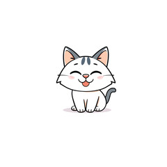 Vector art of a cheerful white cartoon cat with grey markings and a playful expression sits isolated on a white background